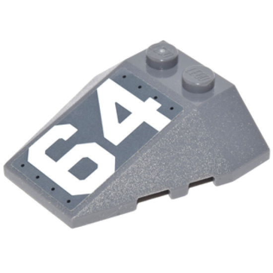 Wedge 4 x 4 Triple with Stud Notches with White '64' on Dark Bluish Gray Background Pattern Model Left Side (Sticker) - Set 76042