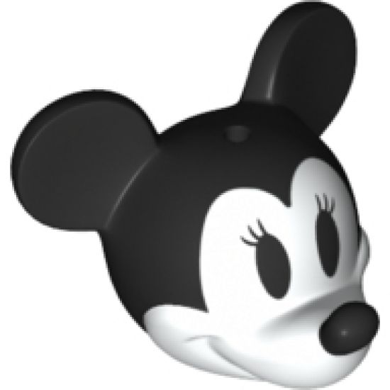 Minifigure, Head, Modified Mouse with Black Ears, Nose and Eyes with Eyelashes Pattern (Black & White Minnie)