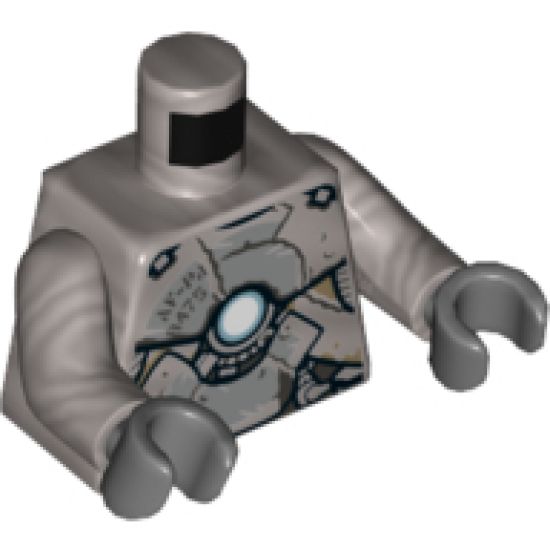 Torso Clunky Asymmetrical Silver Armor, Metallic Blue Circle on Chest, Exposed Gear Pattern / Flat Silver Arms / Dark Bluish Gray Hands