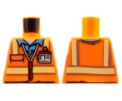 Torso Safety Vest with Reflective Stripes over Medium Blue Shirt, ID Badge, Red Pen around Neck Pattern