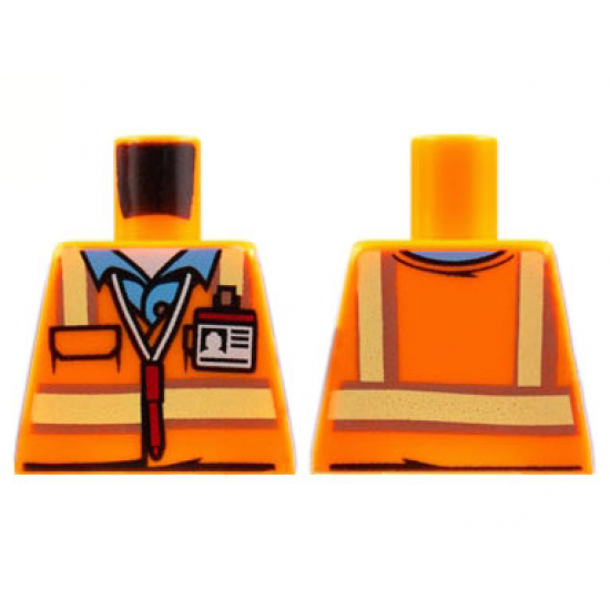 Torso Safety Vest with Reflective Stripes over Medium Blue Shirt, ID Badge, Red Pen around Neck Pattern