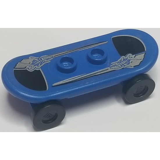 Minifigure, Utensil Skateboard with Trolley Wheel Holders with Silver Bonefish on Transparent Background Pattern (Sticker) and Black Trolley Wheels (42511pb19 / 2496)