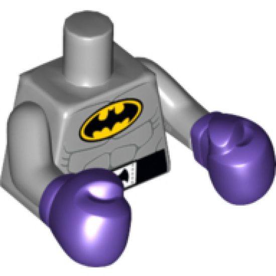 Torso Batman Logo in Yellow Oval with Muscles and Black Belt with Bat on Buckle Pattern / Light Bluish Gray Arms / Dark Purple Boxing Gloves