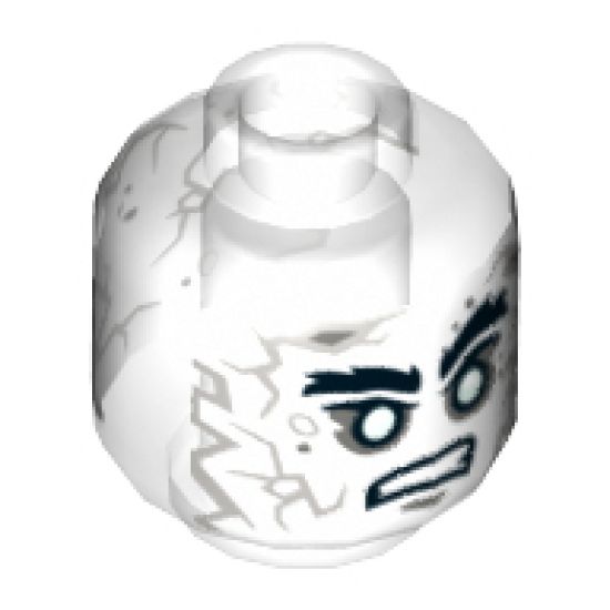Minifigure, Head Alien with PotC White Face with Gray Cracks and Spots, Bushy Black Eyebrows, White Eyes, Bared Teeth Pattern - Hollow Stud