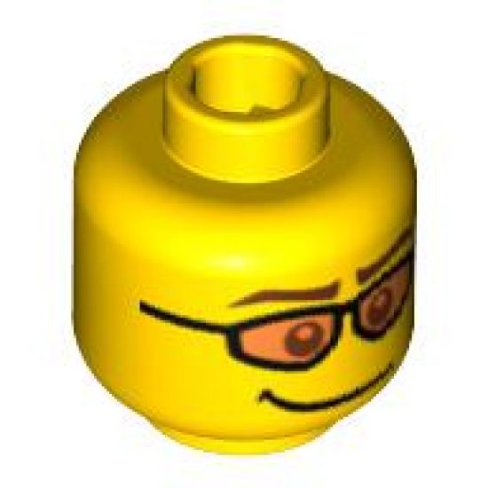 Minifigure, Head Glasses with Orange Sunglasses, Brown Eyebrows and Crooked Smile Pattern - Blocked Open Stud