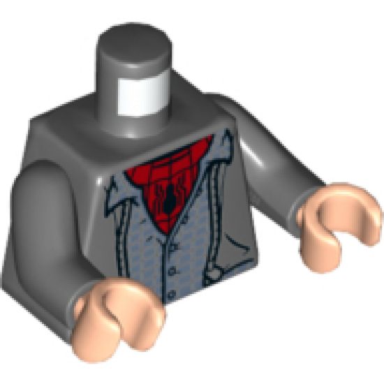 Torso Jacket with Hood, Silver Zipper, Sand Blue Shirt, Red Undershirt with Black Spider and Webs Pattern / Dark Bluish Gray Arms / Light Nougat Hands