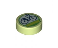 Tile, Round 1 x 1 with Dark Blue Bicycle and Lime Ribbon in White Circle with Bright Green Outline Pattern