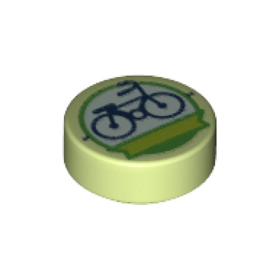 Tile, Round 1 x 1 with Dark Blue Bicycle and Lime Ribbon in White Circle with Bright Green Outline Pattern