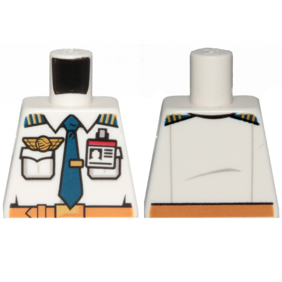 Torso Airplane Pilot, Shirt with Dark Blue Tie with Clip, Epaulettes, Gold Logo Pin and Red and White ID Badge Pattern