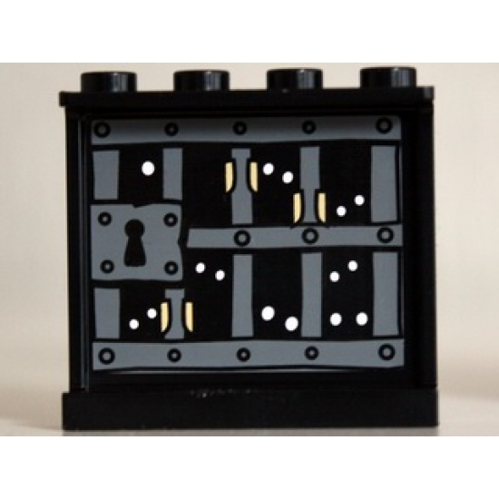 Panel 1 x 4 x 3 with Side Supports - Hollow Studs with Prison Bars. White Eyes and Minifigure Hands Pattern on Inside (Sticker) - Set 10237