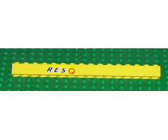 Brick 1 x 16 with Black 'R.E.S.' and Red 'Q' on Yellow Background Pattern (Sticker) - Set 6451