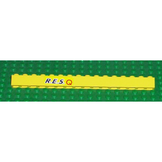 Brick 1 x 16 with Black 'R.E.S.' and Red 'Q' on Yellow Background Pattern (Sticker) - Set 6451