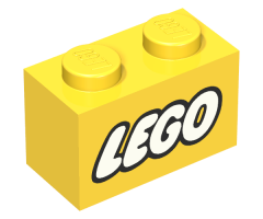 Brick 1 x 2 with Lego Logo Closed O Style White with Black Outline Pattern