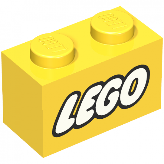 Brick 1 x 2 with Lego Logo Closed O Style White with Black Outline Pattern