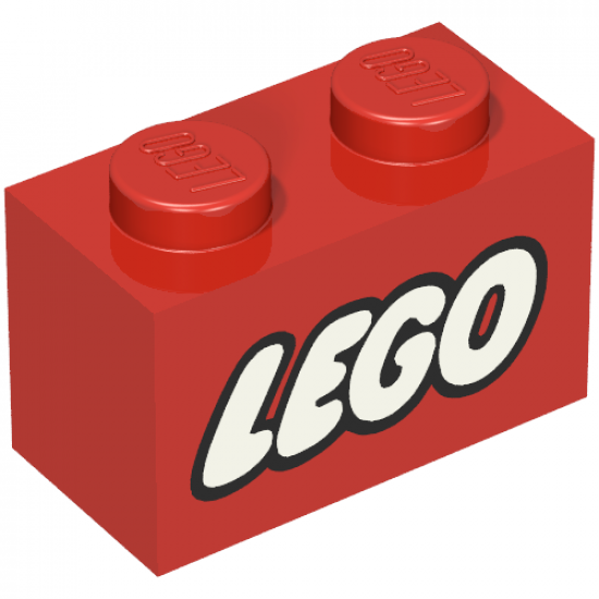 Brick 1 x 2 with Lego Logo Closed O Style White with Black Outline Pattern