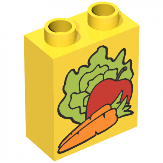 Duplo, Brick 1 x 2 x 2 with Lettuce, Carrot, Apple Pattern