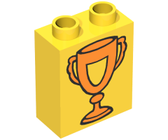 Duplo, Brick 1 x 2 x 2 with Trophy Cup with Shield, Orange Pattern