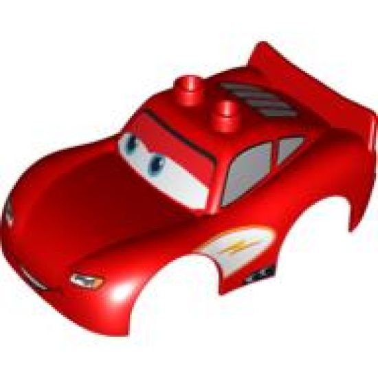 Duplo, Vehicle Car Body 2 Top Studs and Spoiler with Cars Lightning McQueen Looking Right Pattern