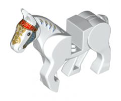 Horse, Movable Legs with Black Eyes, White Pupils and Blue, Gold and Red Ornate Bridle Pattern