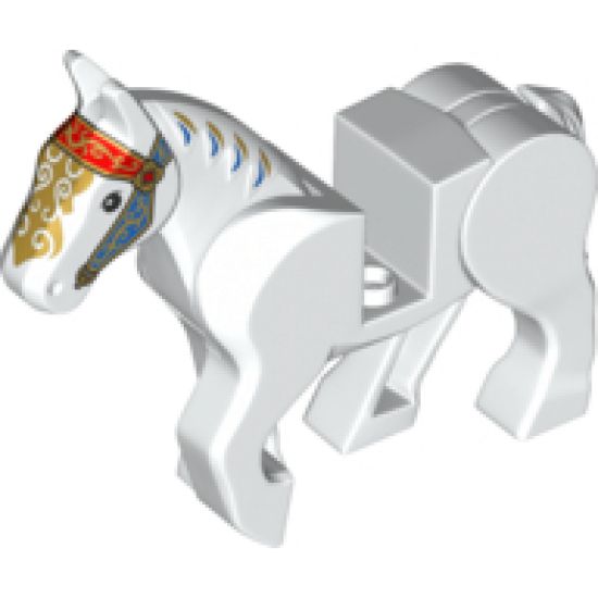 Horse, Movable Legs with Black Eyes, White Pupils and Blue, Gold and Red Ornate Bridle Pattern