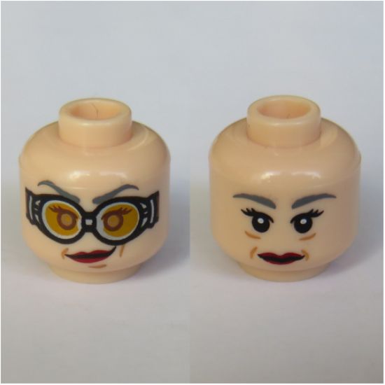 Minifigure, Head Dual Sided Female Dark Bluish Gray Eyebrows, Dark Red Lips, Eyes with Pupils / Goggles Pattern (Madame Hooch) - Hollow Stud