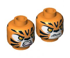 Minifigure, Head Dual Sided Alien Chima Tiger Orange Eyes, Fangs and Black Stripes, Neutral / Angry Pattern (Tormak) - Hollow Stud