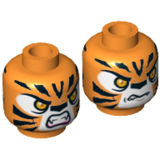 Minifigure, Head Dual Sided Alien Chima Tiger Orange Eyes, Fangs and Black Stripes, Neutral / Angry Pattern (Tormak) - Hollow Stud