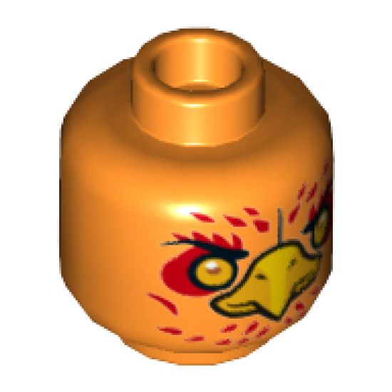 Minifigure, Head Dual Sided Alien Chima Phoenix with Orange Eyes, Circles, Red Feathers and Yellow Beak, Neutral / Stern Pattern (Frax) - Hollow Stud