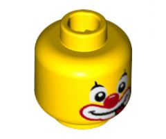 Minifigure, Head Clown Black Pointed Eyebrows, White Circles Around Eyes, Red Nose, Large Painted Smile Pattern - Hollow Stud