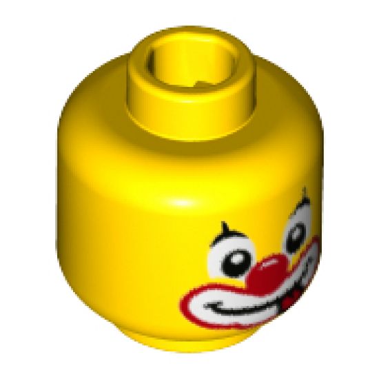 Minifigure, Head Clown Black Pointed Eyebrows, White Circles Around Eyes, Red Nose, Large Painted Smile Pattern - Hollow Stud