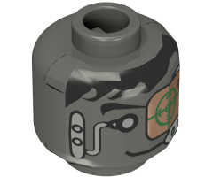 Minifigure, Head Alien with Black Hair, Headset, Green and Copper Eye Grid Pattern - Blocked Open Stud