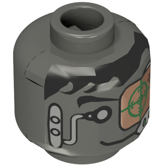 Minifigure, Head Alien with Black Hair, Headset, Green and Copper Eye Grid Pattern - Blocked Open Stud
