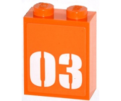 Brick 1 x 2 x 2 with Inside Stud Holder with White '03' on Orange Background Pattern (Sticker) - Set 60035