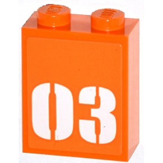 Brick 1 x 2 x 2 with Inside Stud Holder with White '03' on Orange Background Pattern (Sticker) - Set 60035