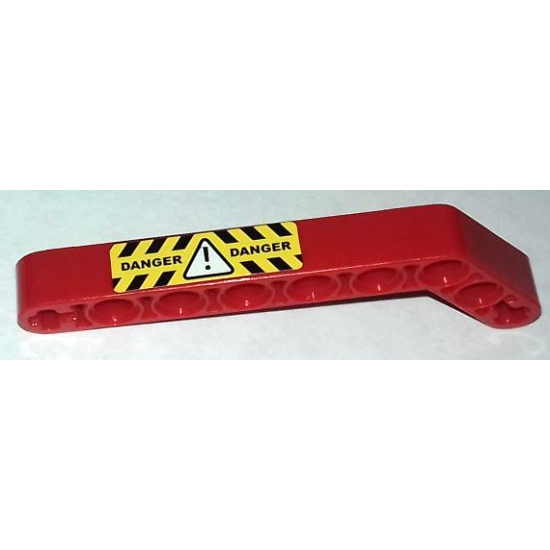 Technic, Liftarm 1 x 9 Bent (7 - 3) Thick with 'DANGER' and White Hazard Triangle with Black and Yellow Stripes Pattern (Sticker) - Set 8283