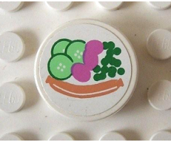 Tile, Round 2 x 2 with Hot Dog, Peas, Cucumber Pattern (Sticker) - Set 5895