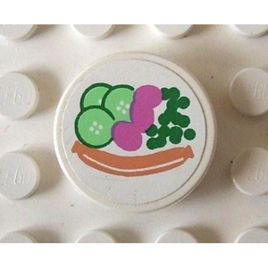 Tile, Round 2 x 2 with Hot Dog, Peas, Cucumber Pattern (Sticker) - Set 5895