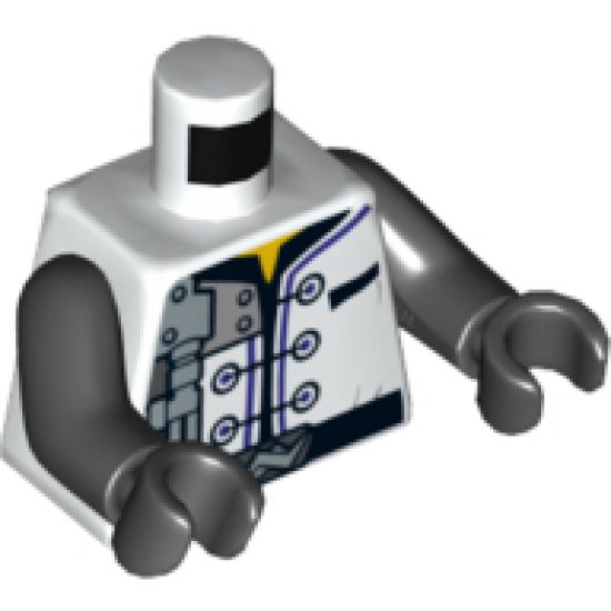 Torso Ninjago Robe with Three Black Clasps, Mechanical Parts and Silver Saw Blade Pattern / Black Arms / Black Hands