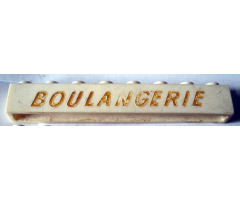 Brick 1 x 8 without Bottom Tubes with Cross Side Supports with Gold 'BOULANGERIE' Thin Slanted Pattern