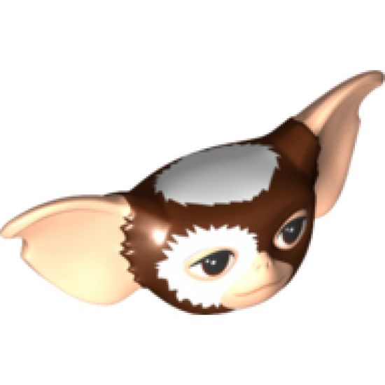 Minifigure, Head, Modified Alien Gremlin Mogwai with Light Nougat Ears and Face, White Fur on Head and Around Eye and Dark Brown Eyes Pattern