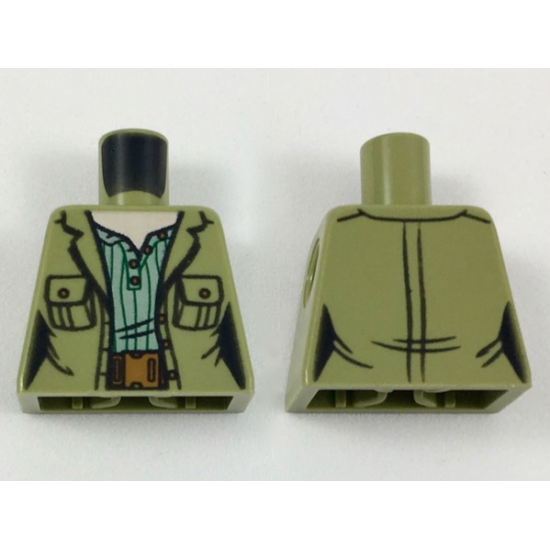 Torso Female Jacket with Pockets over Sand Green Shirt with Green Stripes, Reddish Brown Belt Pattern