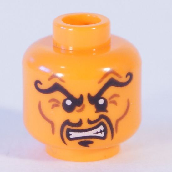Minifigure, Head Alien with Black Arched Curly Eyebrows, Moustache Fu Manchu, Clenched Teeth Pattern - Hollow Stud