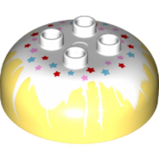 Duplo, Brick Round 4 x 4 Dome Top with 2 x 2 Studs and Marbled White with Red, Medium Azure and Pink Stars Pattern