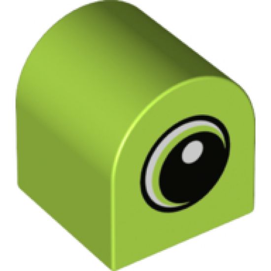Duplo, Brick 2 x 2 x 2 Curved Top with White Spot and Lime Circled Eye Looking Right Pattern