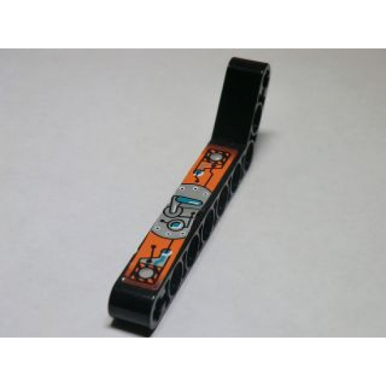 Technic, Liftarm 1 x 9 Bent (7 - 3) Thick with Dark Turquoise, Silver and Orange Gauges and Levers Pattern Model Left (Sticker) - Set 8305