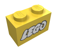 Brick 1 x 2 with Lego Logo Open O Style White with Black Outline Pattern