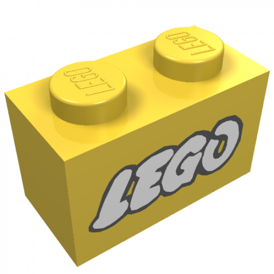 Brick 1 x 2 with Lego Logo Open O Style White with Black Outline Pattern