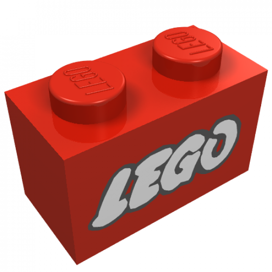Brick 1 x 2 with Lego Logo Open O Style White with Black Outline Pattern