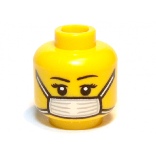 Minifigure, Head Female with Black Thin Eyebrows, Eyelashes and White Surgical Mask Pattern - Blocked Open Stud