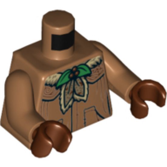 Torso Female Robe with Green and Red Holly Brooch and Large Pockets Pattern / Medium Nougat Arms / Reddish Brown Hands